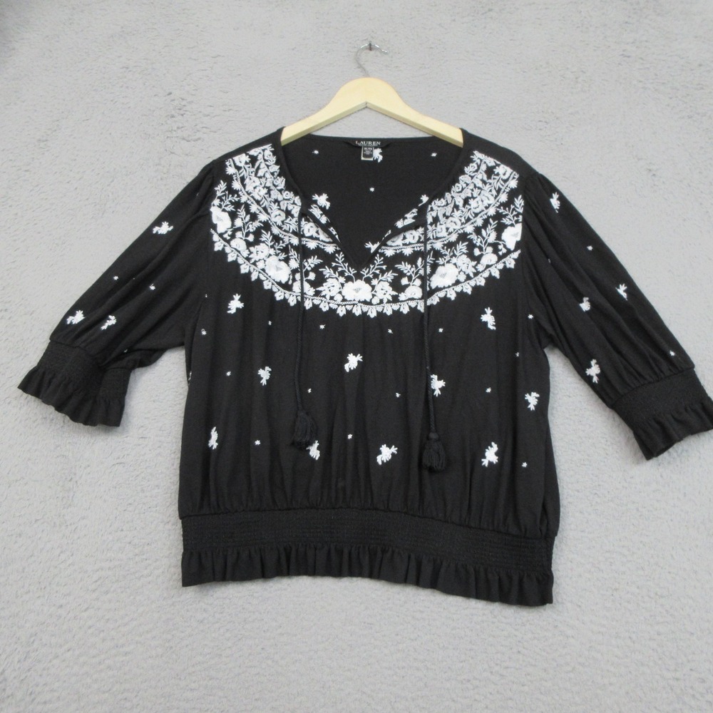 Lauren Ralph Lauren Boho Shirt Womens XL Black Embroidered Floral Peasant Top